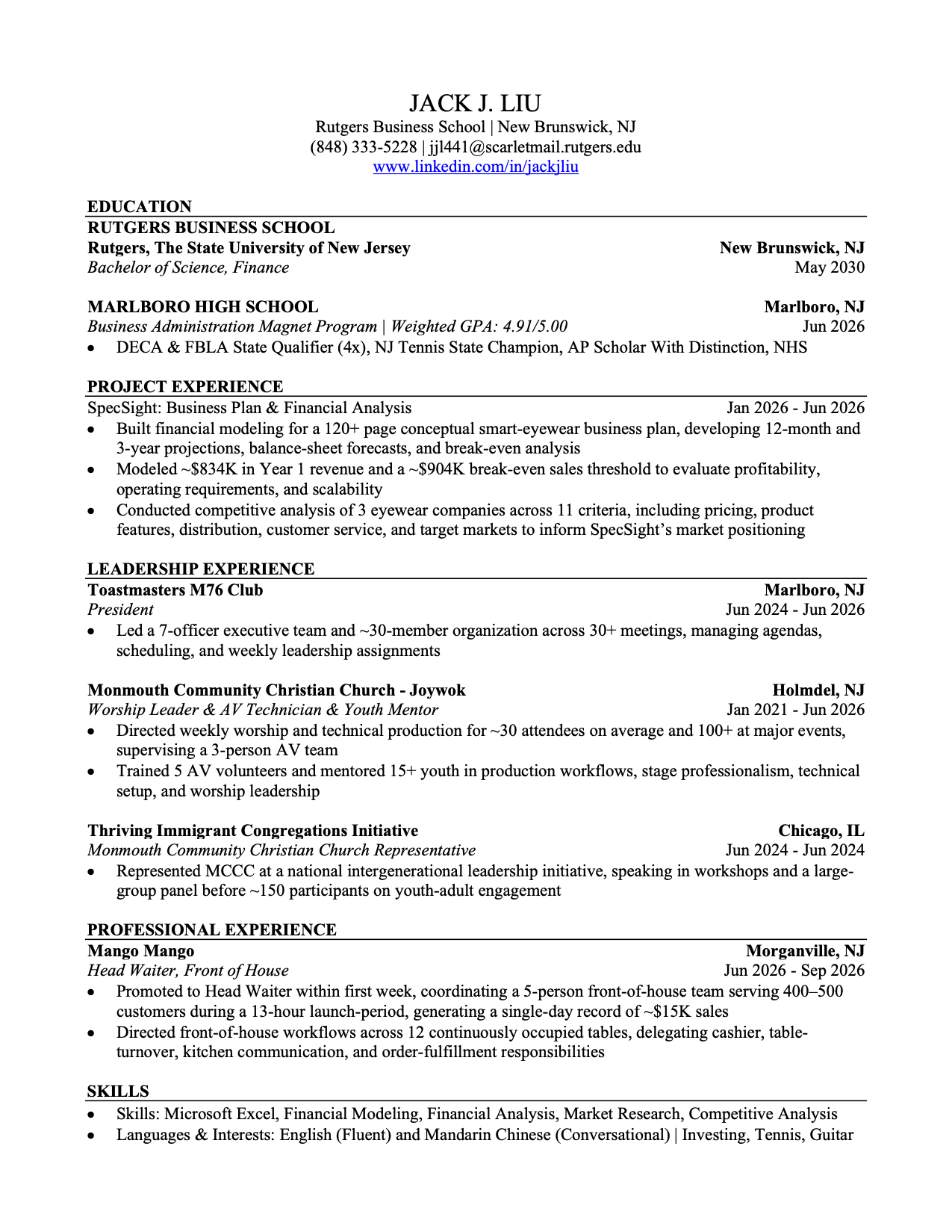 Jack J. Liu's one-page resume. Select to open the PDF.